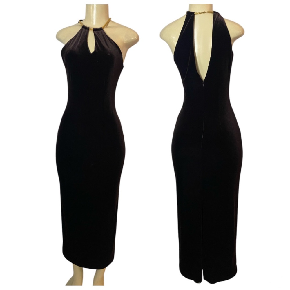 Alchemy New York VTG 90s Bodycon Halter Velvet Dress Dark Brown Sz 6 Made In USA
